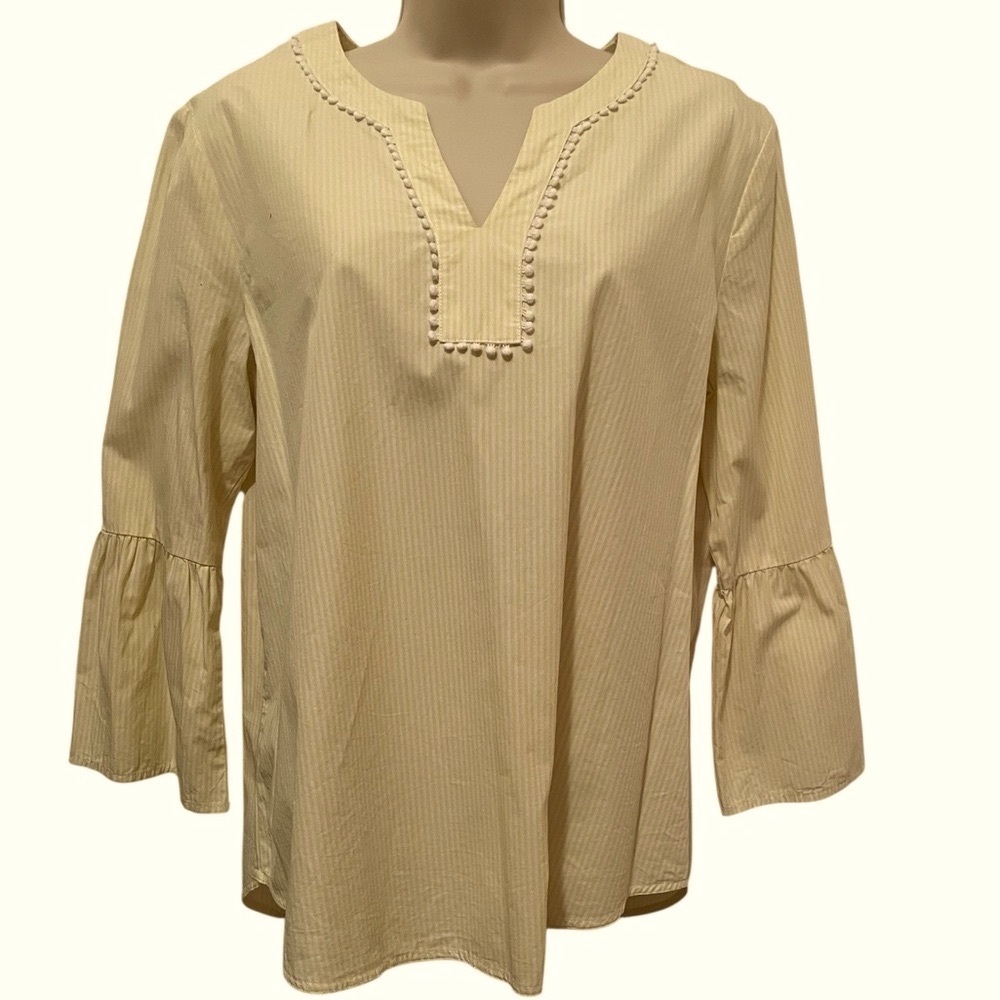 New Marc New York Popover Yellow Blouse 100% Cotton Micro Striped Bell sleeves M